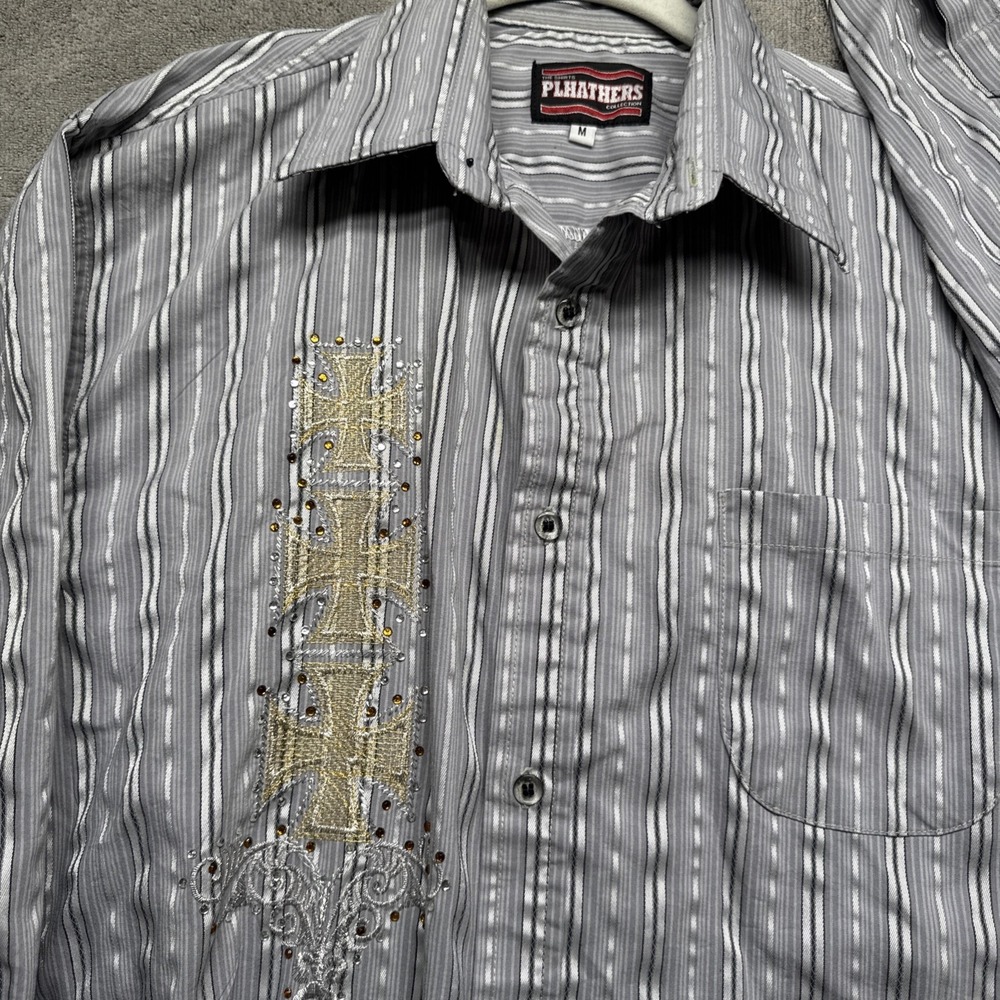 Y2K Cowboy Rodeo Shirt Men's M Gray Striped Embroidered Cross Western Pearl Snap